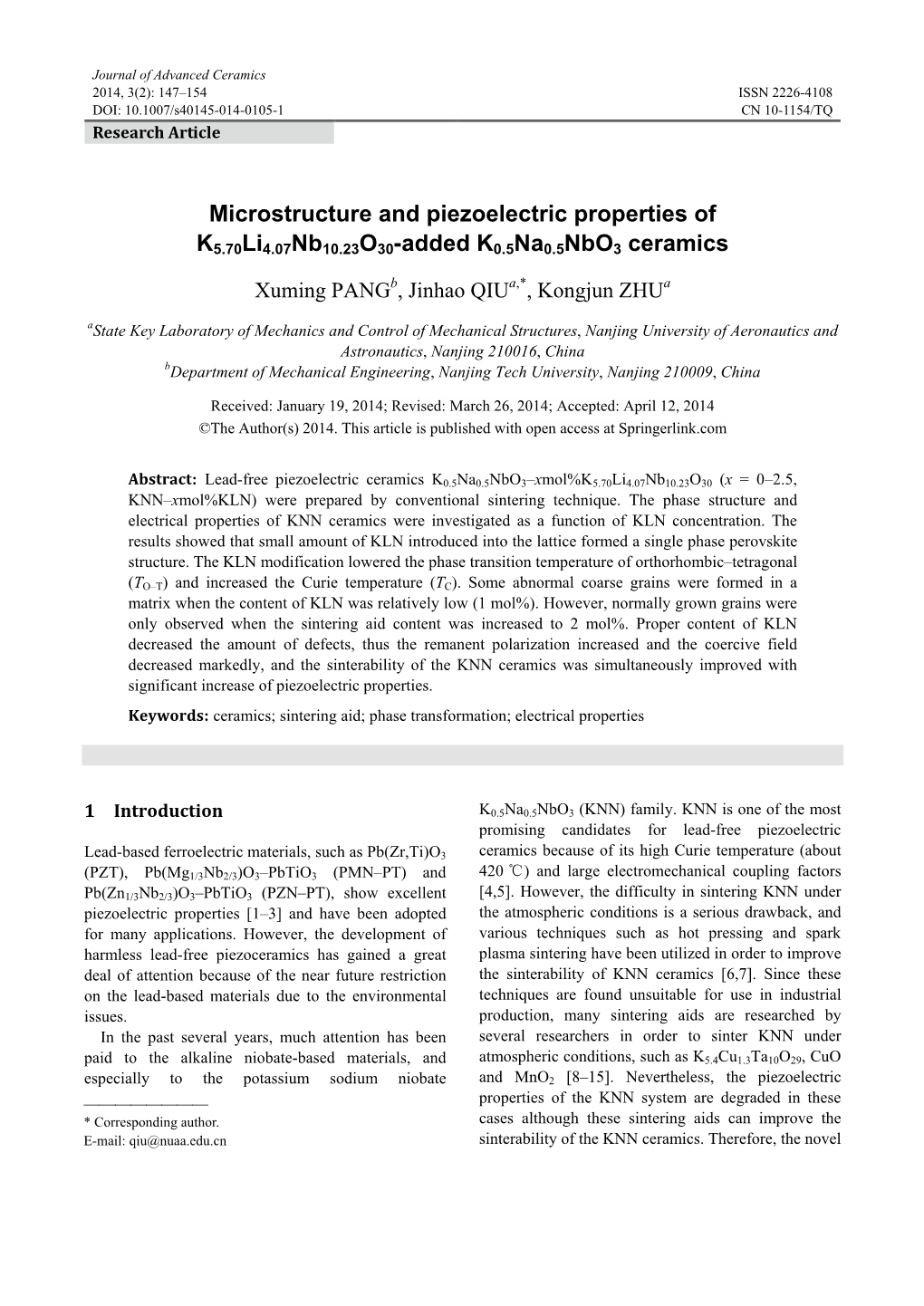 Microstructure and Piezoelectric Properties of K5.70Li4.07Nb10