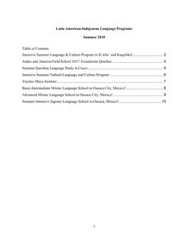 Latin American Indigenous Language Programs Summer 2018 Table of Contents Intensive Summer Language & Culture Program In