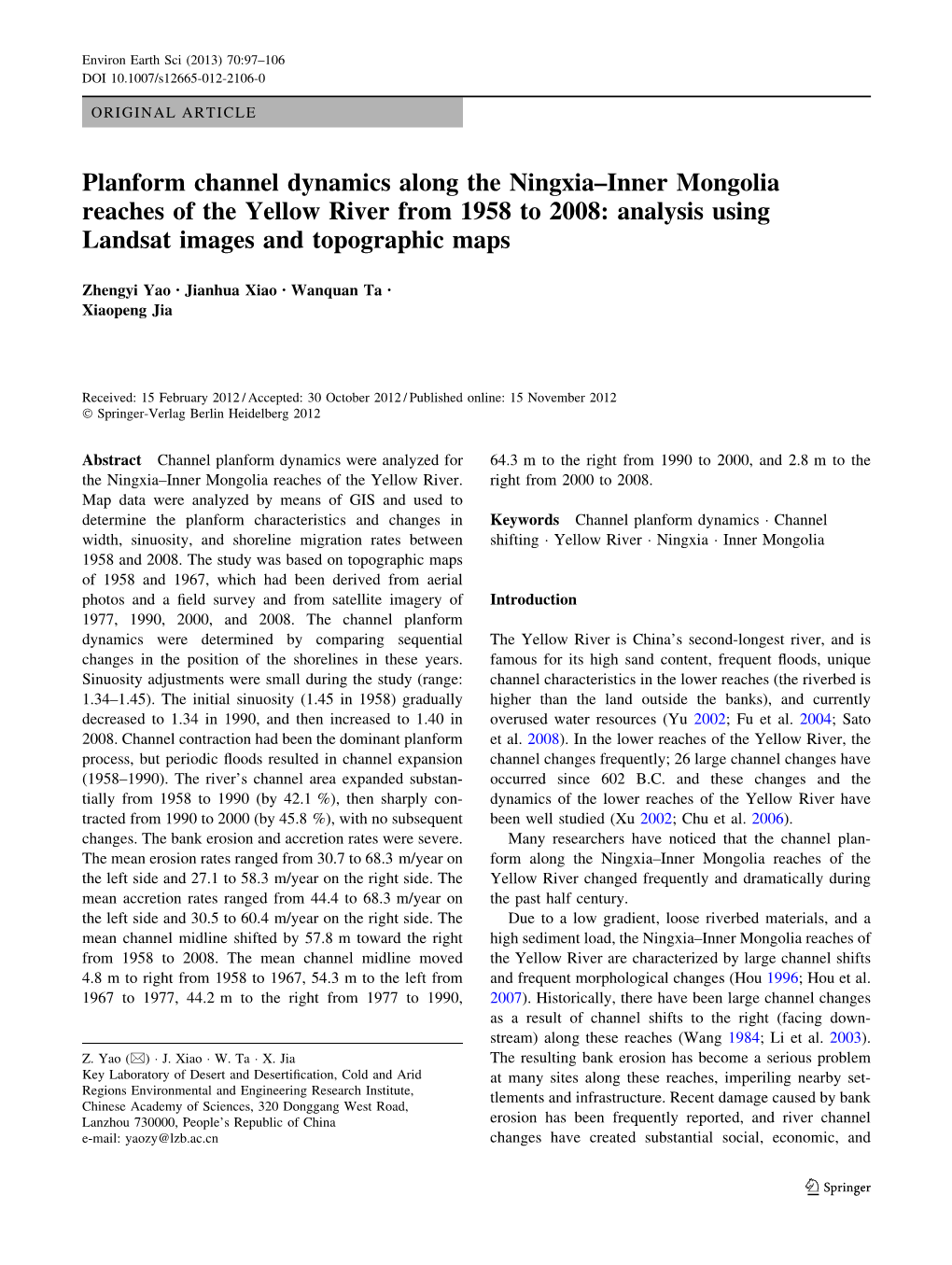 Planform Channel Dynamics Along the Ningxia–Inner Mongolia Reaches of the Yellow River from 1958 to 2008: Analysis Using Landsat Images and Topographic Maps