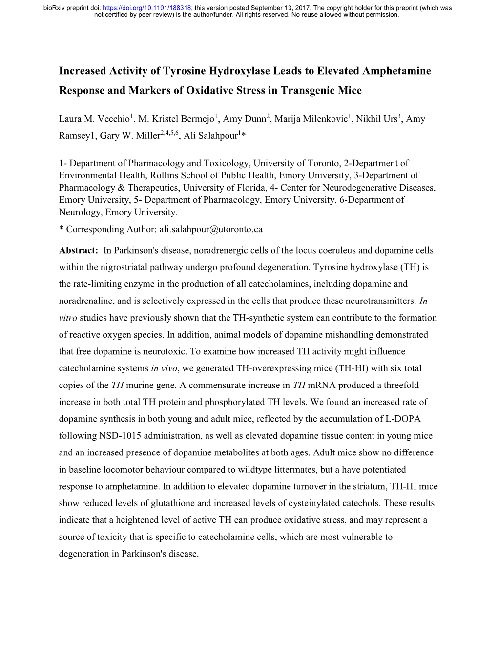 Increased Activity of Tyrosine Hydroxylase Leads to Elevated Amphetamine Response and Markers of Oxidative Stress in Transgenic Mice