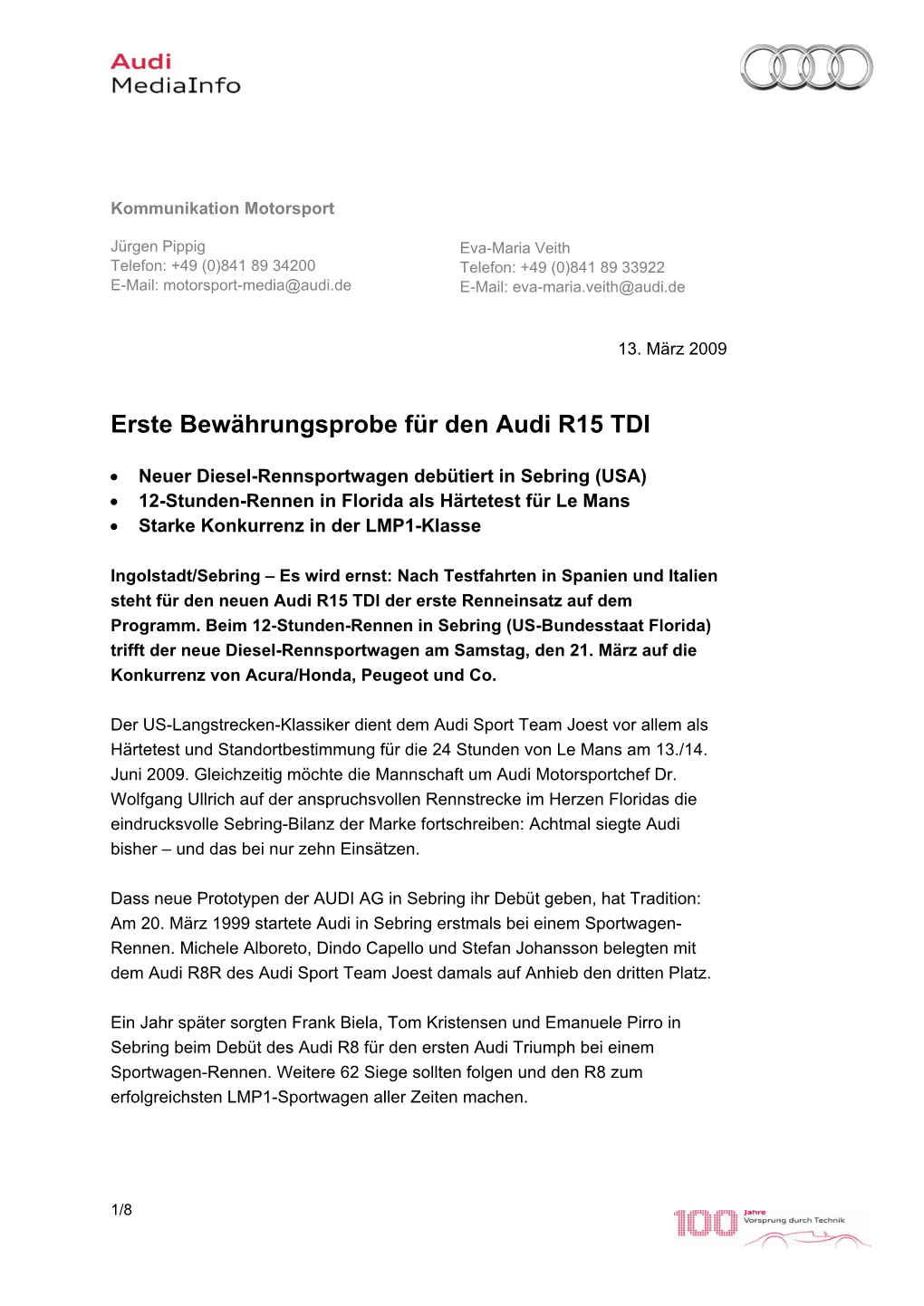 Erste Bewährungsprobe Für Den Audi R15 TDI