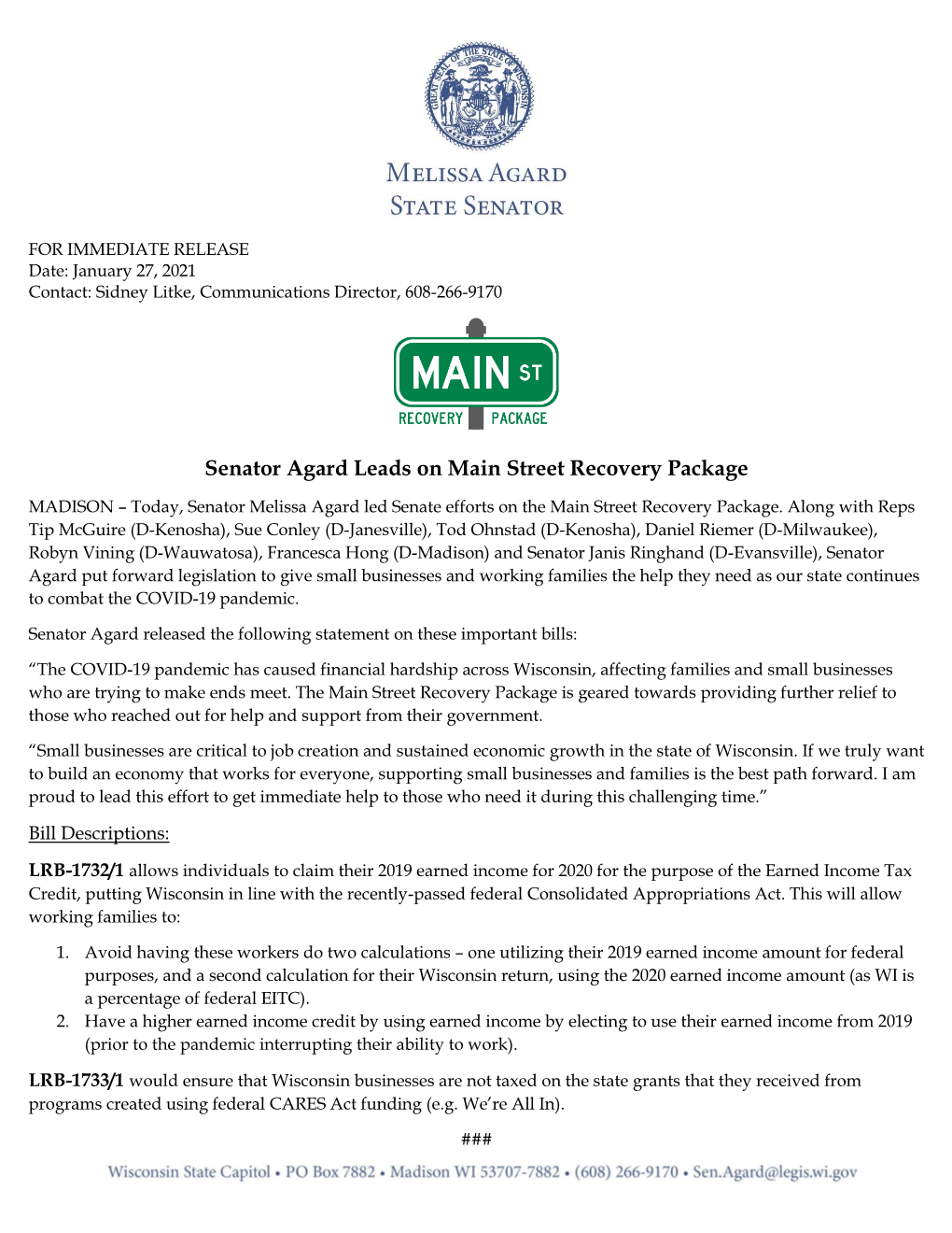 Senator Agard Leads on Main Street Recovery Package