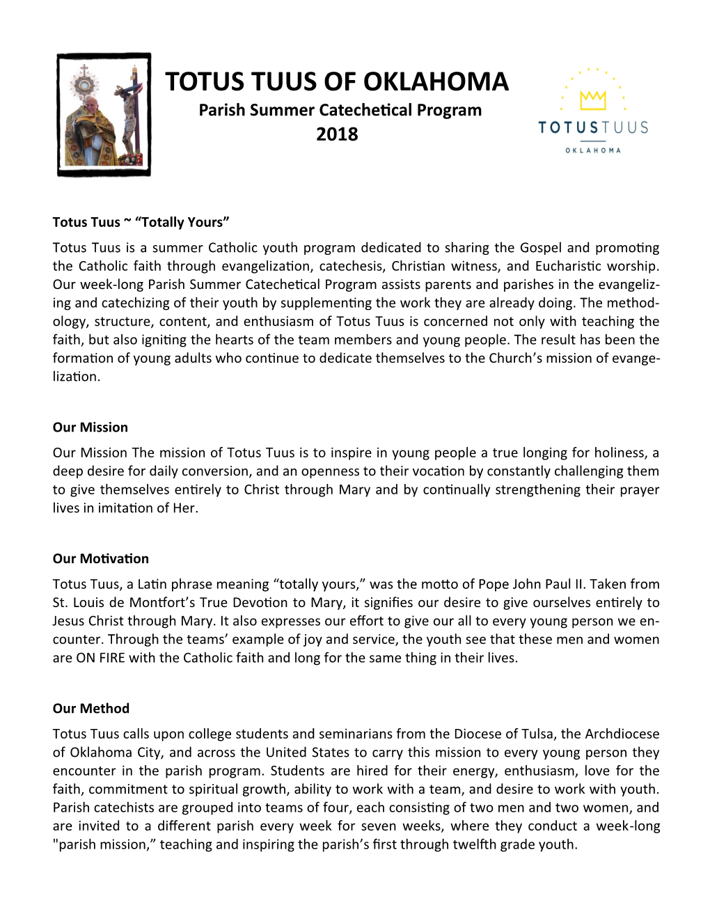 TOTUS TUUS of OKLAHOMA Parish Summer Catechetical Program 2018