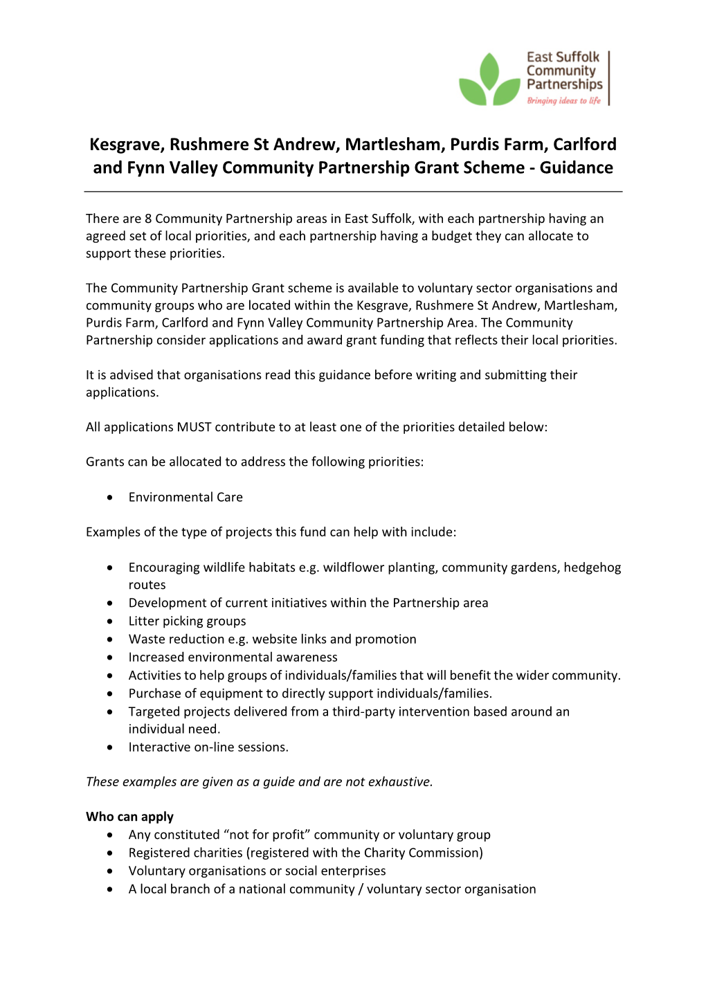 Kesgrave, Rushmere St Andrew, Martlesham, Purdis Farm, Carlford and Fynn Valley Community Partnership Grant Scheme - Guidance