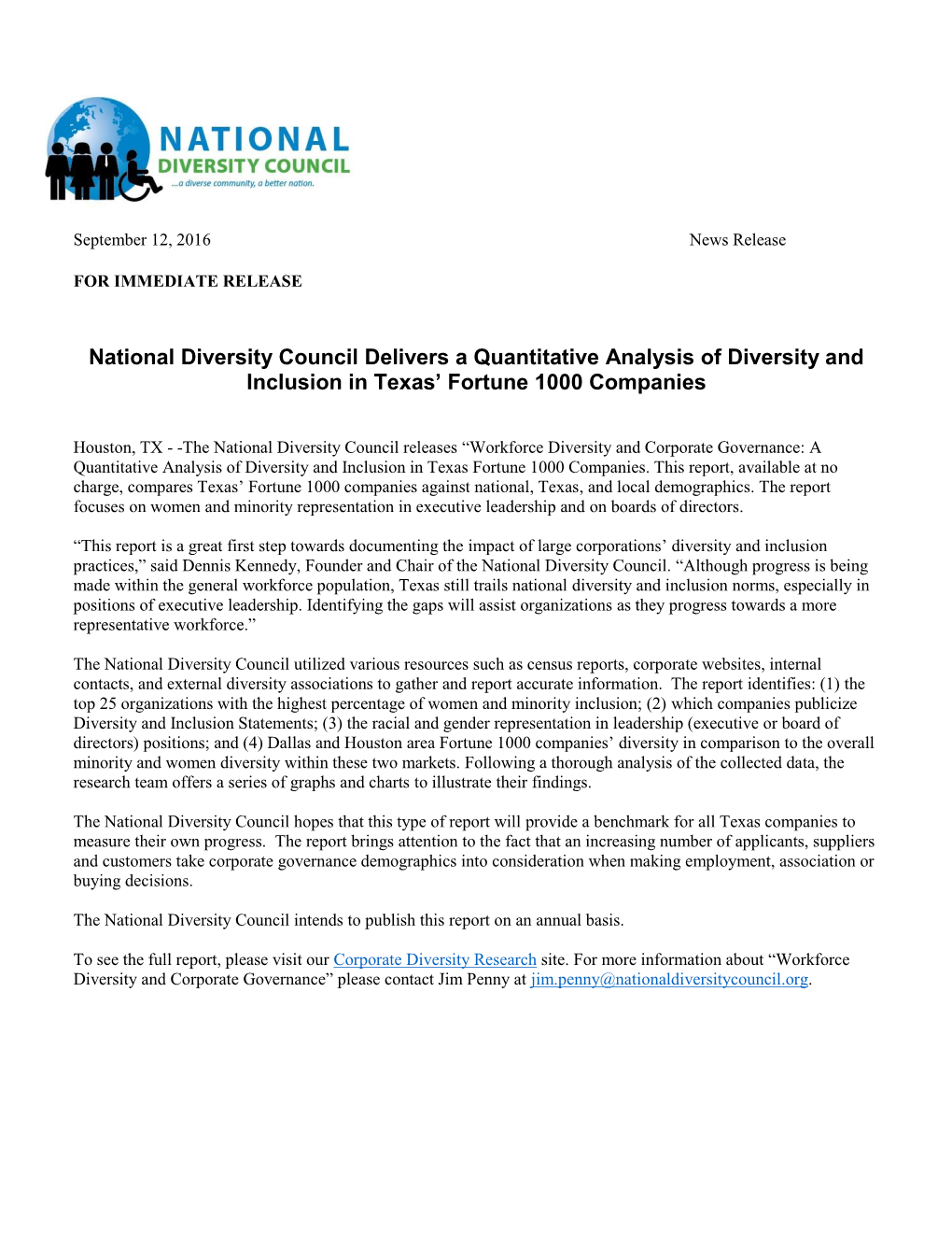 National Diversity Council Delivers a Quantitative Analysis of Diversity and Inclusion in Texas’ Fortune 1000 Companies