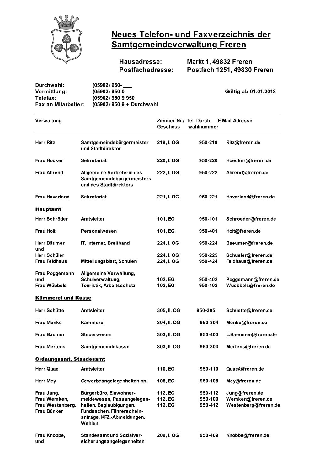 Neues Telefon- Und Faxverzeichnis Der Samtgemeindeverwaltung Freren