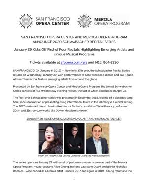 San Francisco Opera Center and Merola Opera Program Announce 2020 Schwabacher Recital Series