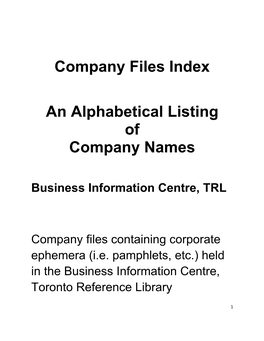 Company Files Index an Alphabetical Listing of Company Names