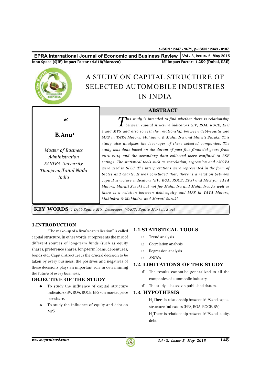 A Study on Capital Structure of Selected Automobile Industries in India