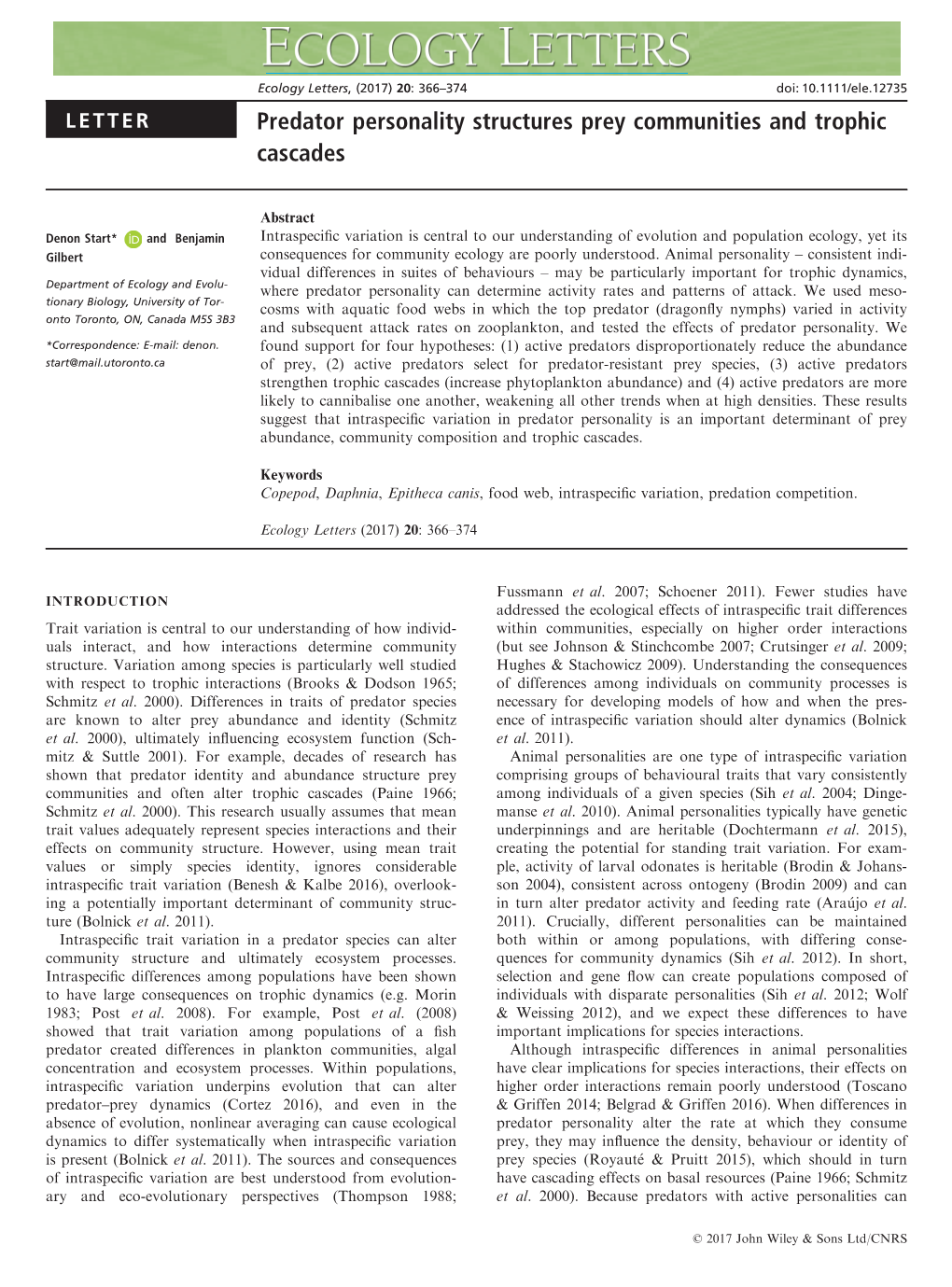 Predator Personality Structures Prey Communities and Trophic Cascades