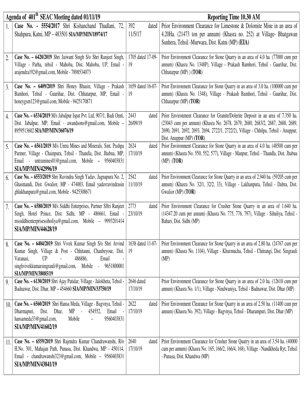 Agenda of 401 SEAC Meeting Dated 01/11/19 Reporting Time 10.30 AM