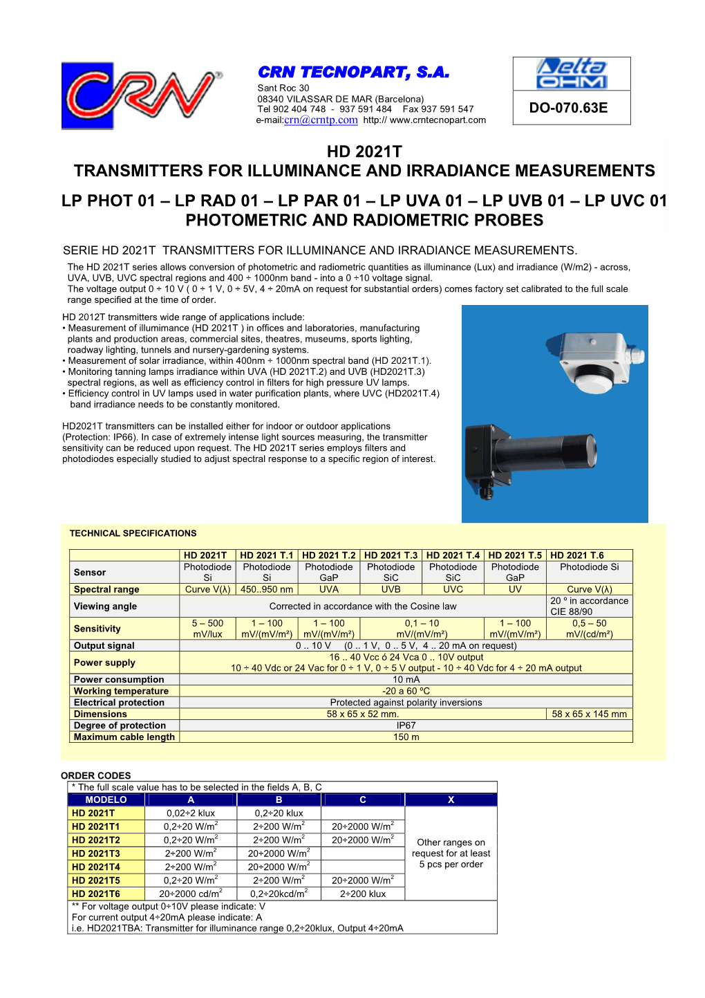 Hd 2021T Transmitters for Illuminance and Irradiance Measurements