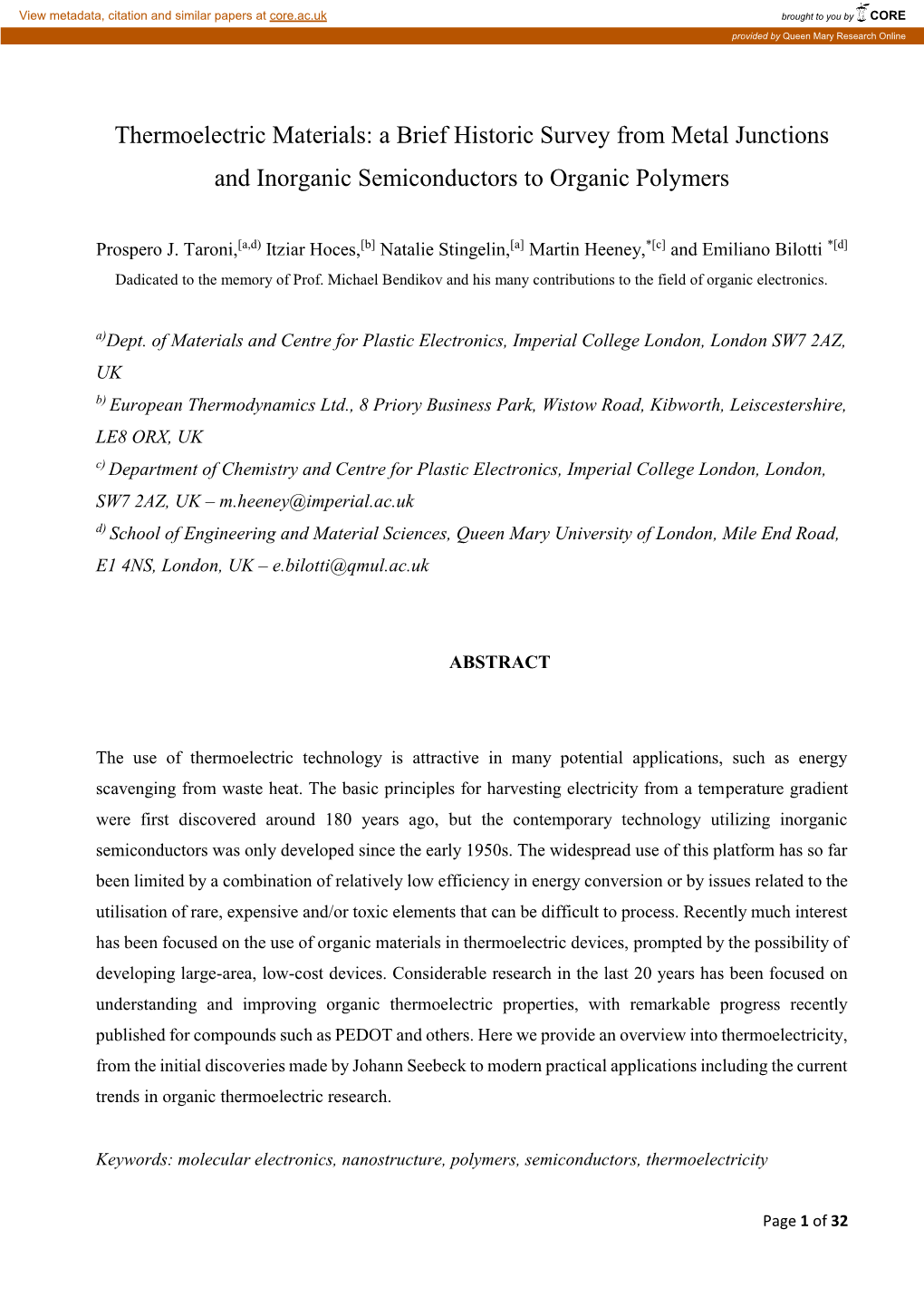 Thermoelectric Materials: a Brief Historic Survey from Metal Junctions and Inorganic Semiconductors to Organic Polymers