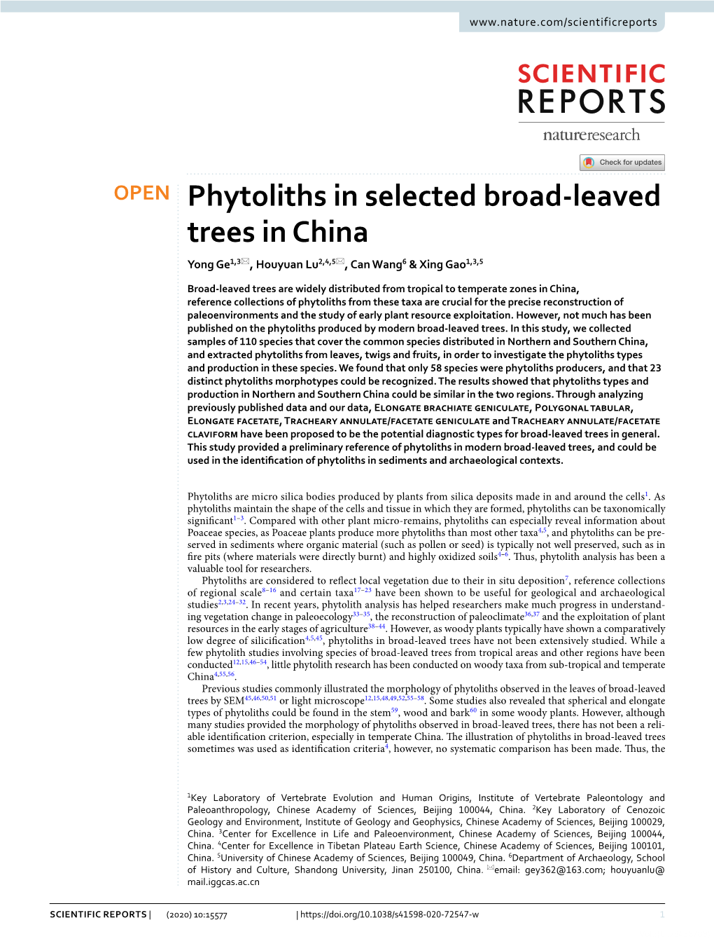 Phytoliths in Selected Broad-Leaved Trees in China