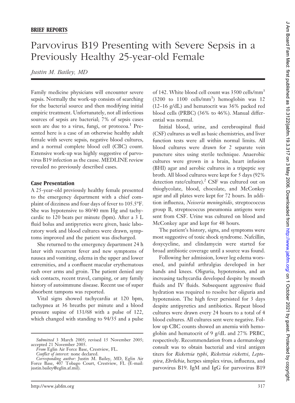 Parvovirus B19 Presenting with Severe Sepsis in a Previously Healthy 25-Year-Old Female