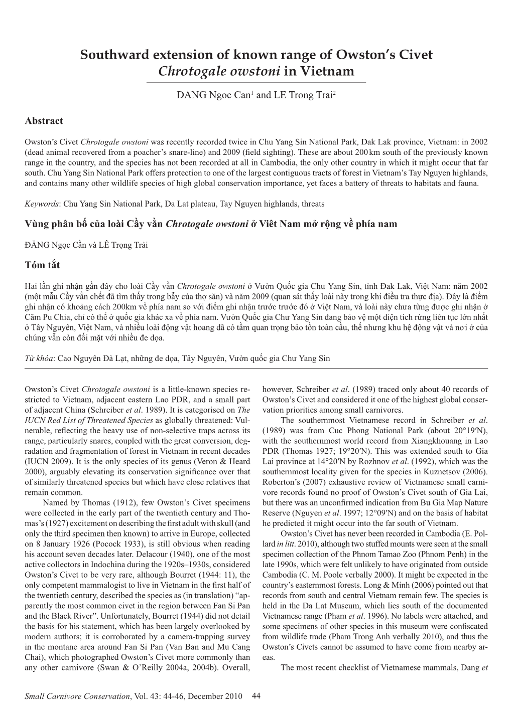 Southward Extension of Known Range of Owston's Civet Chrotogale Owstoni in Vietnam