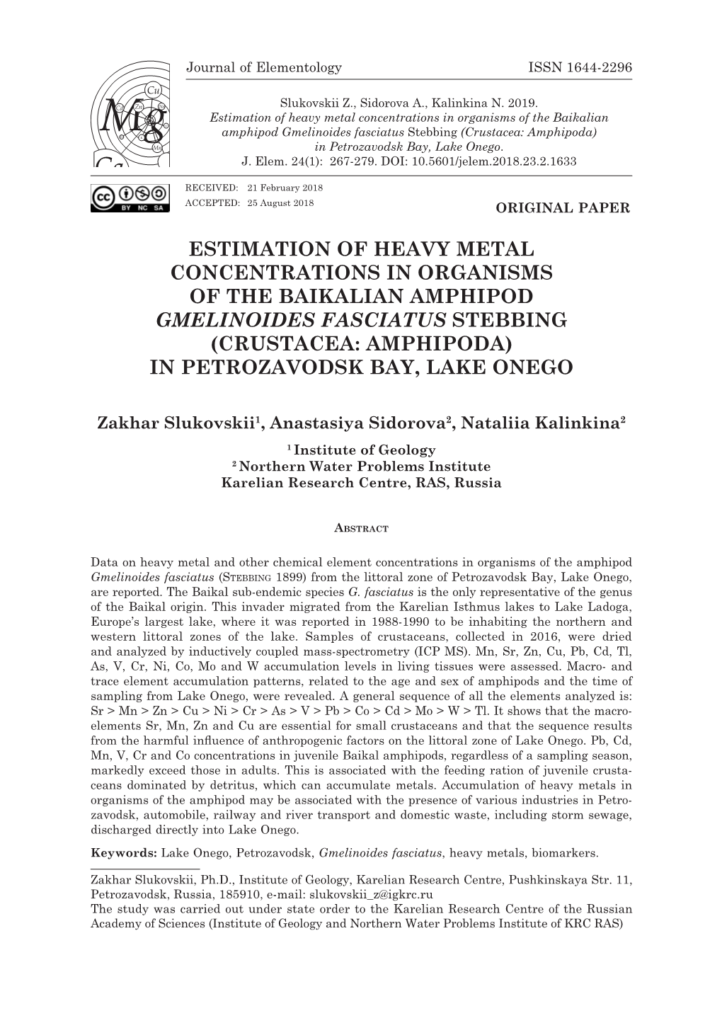 Estimation of Heavy Metal Concentrations in Organisms of the Baikalian Amphipod Gmelinoides Fasciatus Stebbing (Crustacea: Amphipoda) in Petrozavodsk Bay, Lake Onego