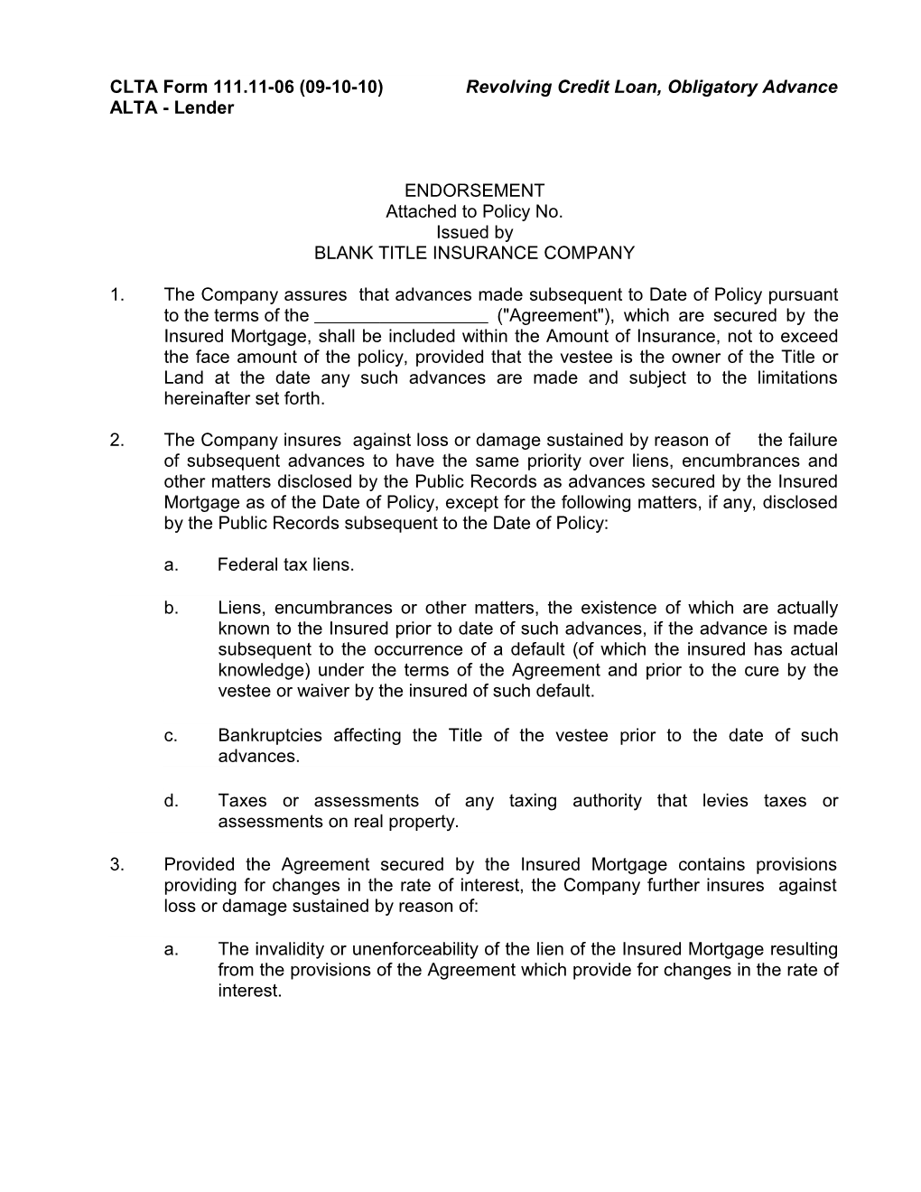 CLTA Form 111.11-06 (09-10-10) Revolving Credit Loan, Obligatory Advance