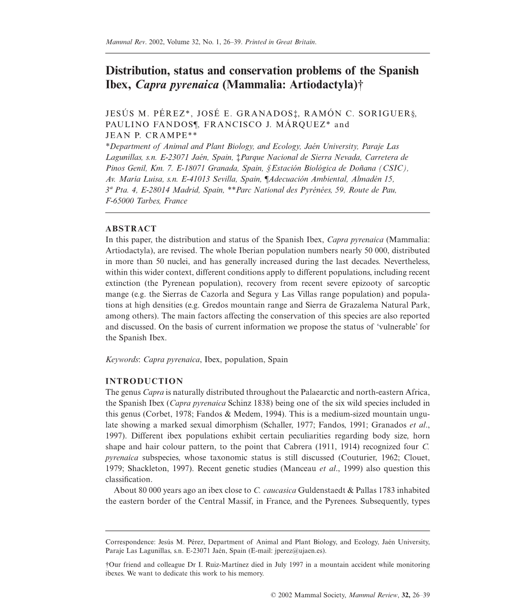 Distribution, Status and Conservation Problems of the Spanish Ibex, Capra Pyrenaica (Mammalia: Artiodactyla)†