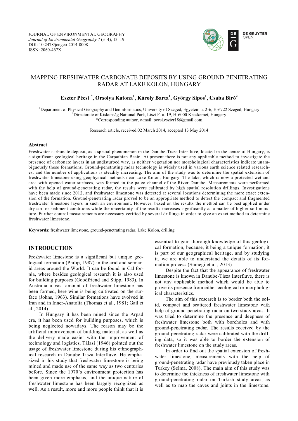 Mapping Freshwater Carbonate Deposits by Using Ground-Penetrating Radar at Lake Kolon, Hungary