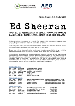 Ed Sheeran Asia Tour Dates Revised
