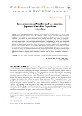 Intergenerational Conflict and Cooperation: Japanese Canadian Experience Tatsuo Kage