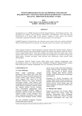 Inventarisasi Dan Evaluasi Mineral Non Logam Di Kabupaten Tapanuli Tengah Dan Kabupaten Tapanuli Selatan , Provinsi Sumatera Utara