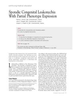 Sporadic Congenital Leukonychia with Partial Phenotype Expression Patrick J