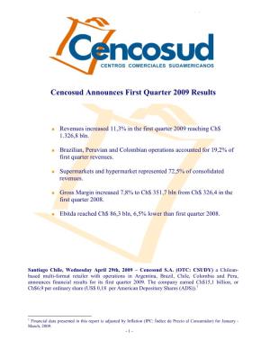 Cencosud Announces First Quarter 2009 Results