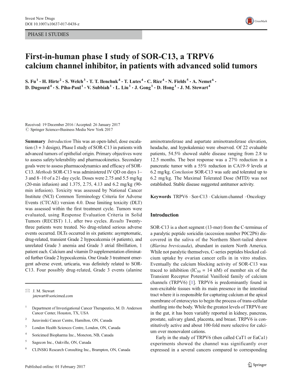 First-In-Human Phase I Study of SOR-C13, a TRPV6 Calcium Channel Inhibitor, in Patients with Advanced Solid Tumors