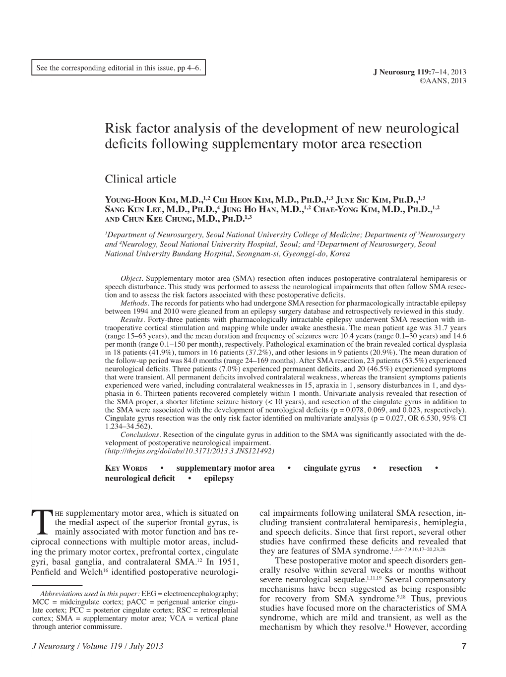 Risk Factor Analysis of the Development of New Neurological Deficits Following Supplementary Motor Area Resection