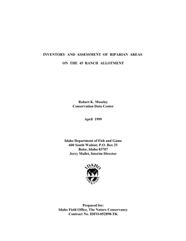Inventory and Assessment of Riparian Areas on the 45 Ranch Allotment
