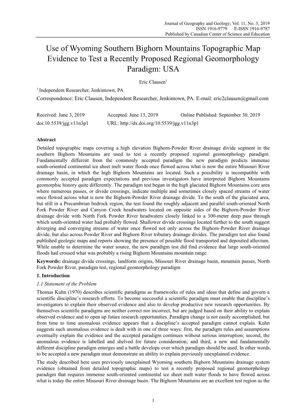 Use of Wyoming Southern Bighorn Mountains Topographic Map Evidence to Test a Recently Proposed Regional Geomorphology Paradigm: USA