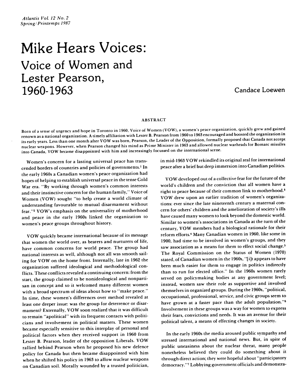 Mike Hears Voices: Voice of Women and Lester Pearson, 1960-1963 Candace Loewen