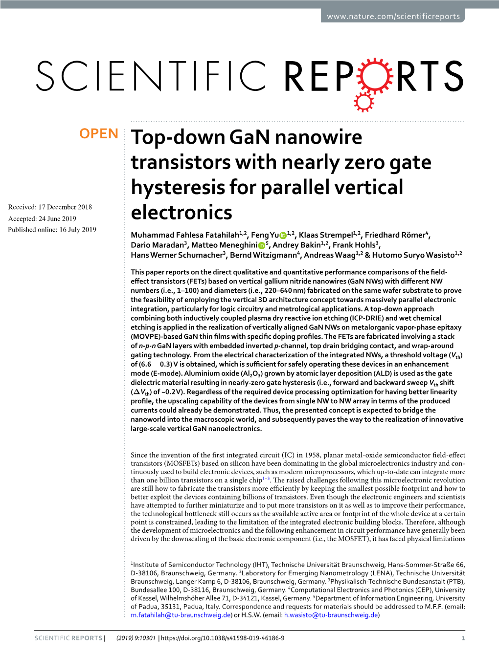 Top-Down Gan Nanowire Transistors with Nearly Zero Gate Hysteresis for Parallel Vertical Electronics