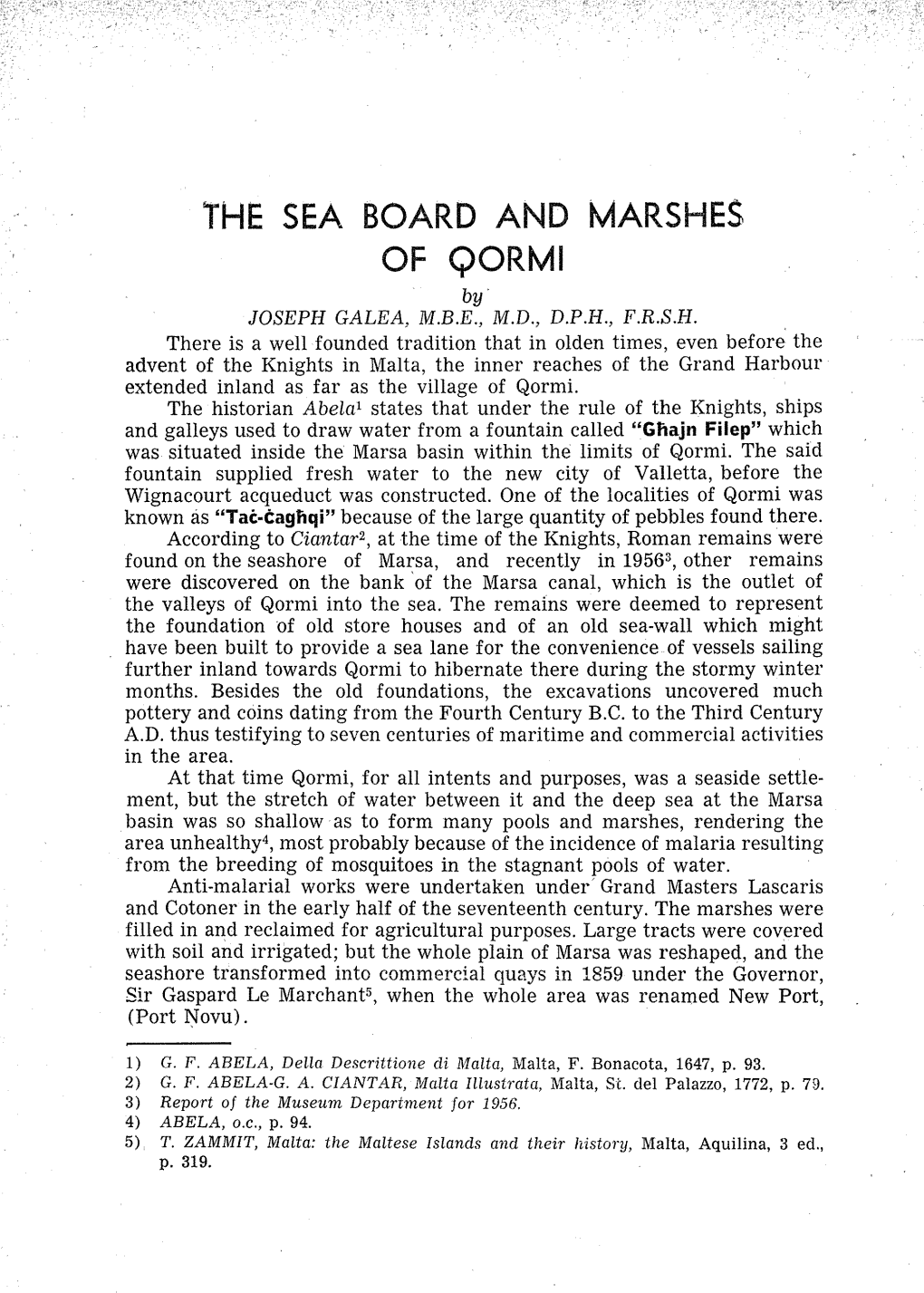 THE SEA BOARD and MARSHES of QORMI by JOSEPH GALEA, M.B.E., M.D., D.P.H., F.R.S.H
