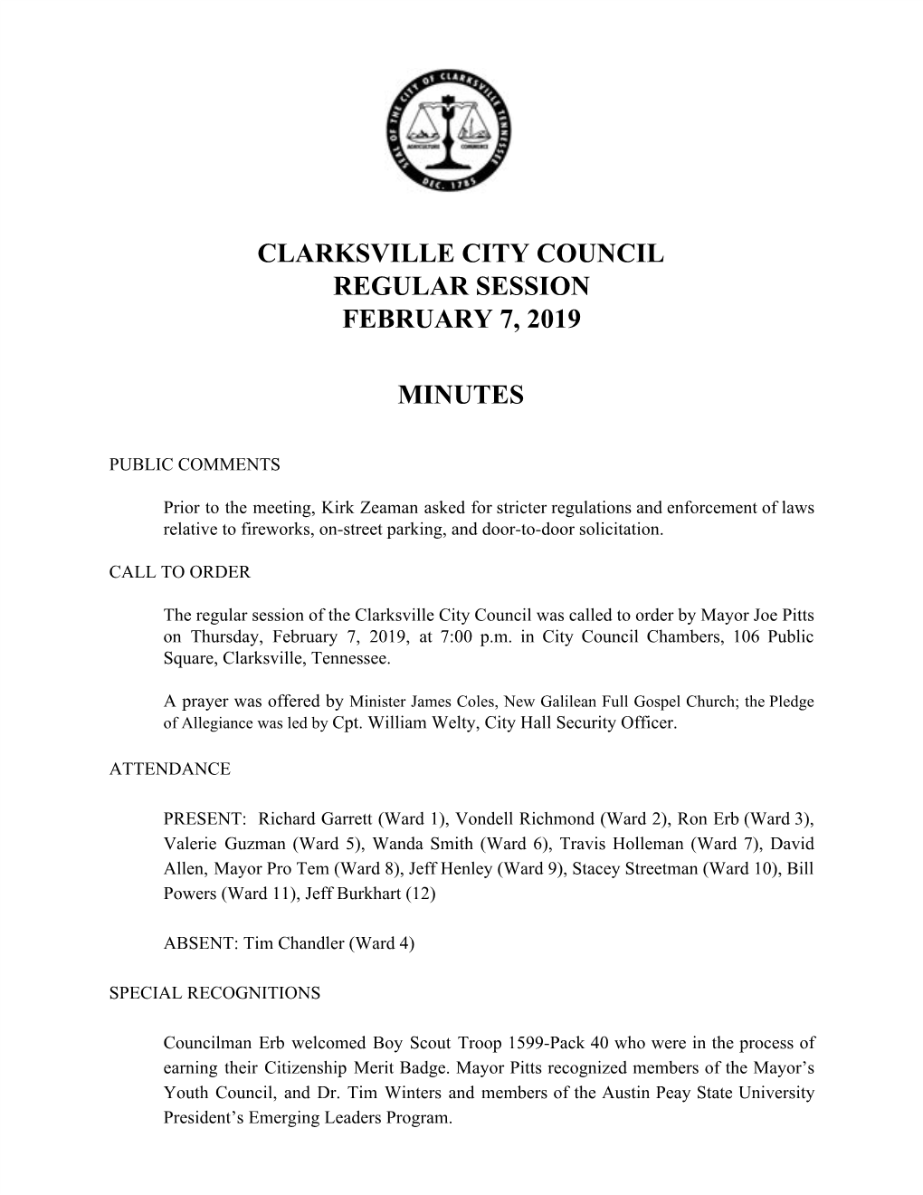 Clarksville City Council Regular Session February 7, 2019