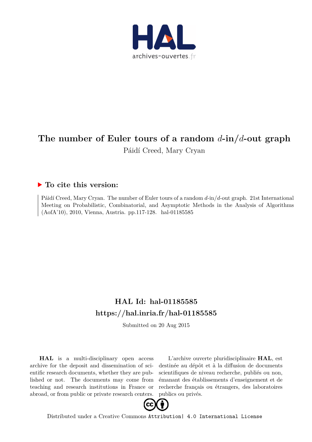 The Number of Euler Tours of a Random D-In/D-Out Graph Páidí Creed, Mary Cryan