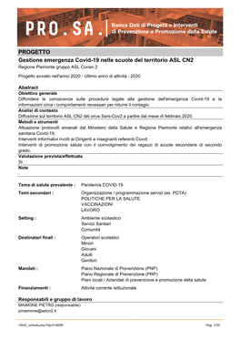 PROGETTO Gestione Emergenza Covid-19 Nelle Scuole Del Territorio ASL CN2 Regione Piemonte Gruppo ASL Cuneo 2