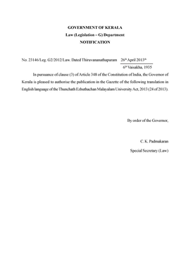 GOVERNMENT of KERALA Law (Legislation — G) Department NOTIFICATION