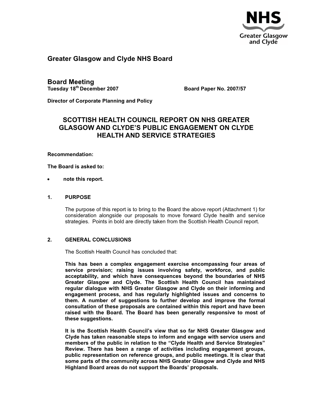 Scottish Health Council Report on Nhs Greater Glasgow and Clyde’S Public Engagement on Clyde Health and Service Strategies