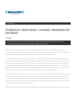 Starbucks "Hear Music" Channel Premieres on Xm Radio