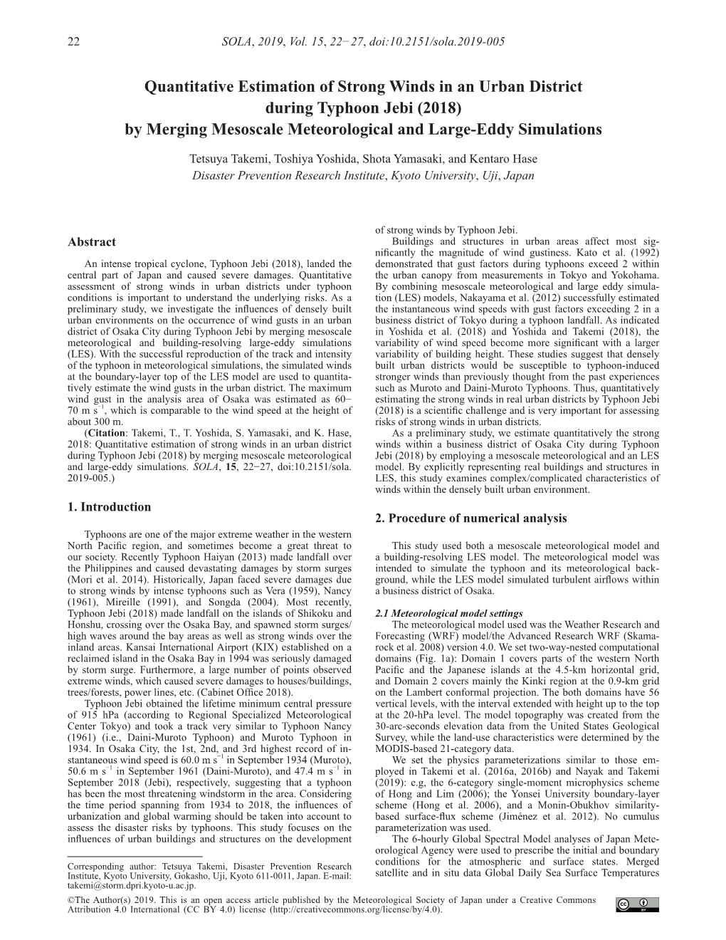 Quantitative Estimation of Strong Winds in an Urban District During Typhoon Jebi (2018) by Merging Mesoscale Meteorological and Large-Eddy Simulations