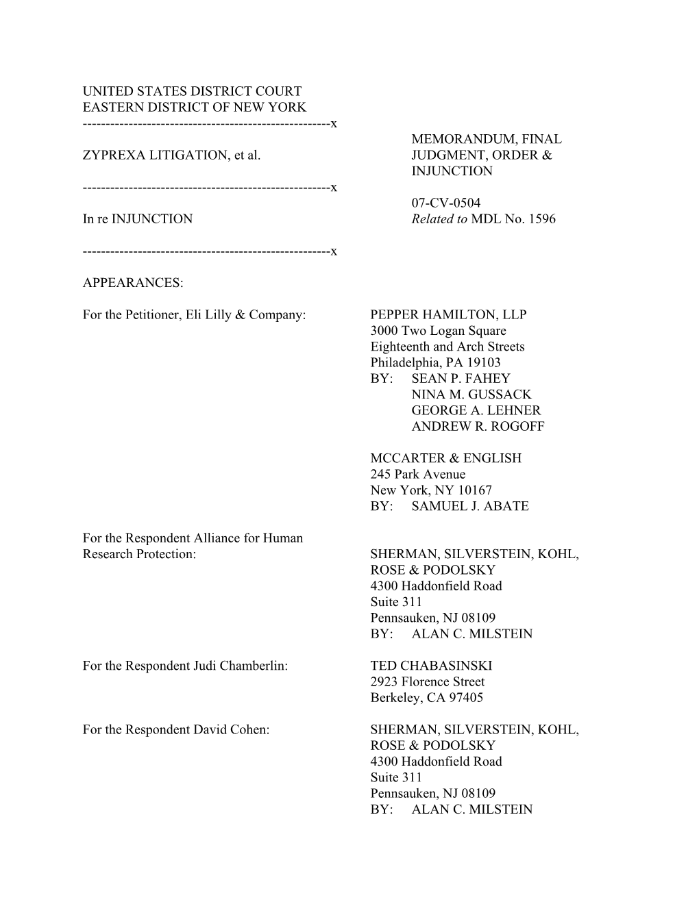 In Re Zyprexa Injunction, 474 F.Supp.2D