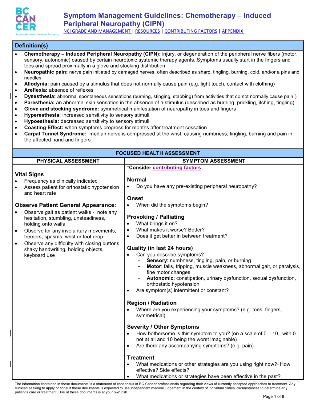 Chemotherapy – Induced Peripheral Neuropathy (CIPN) NCI GRADE and MANAGEMENT | RESOURCES | CONTRIBUTING FACTORS | APPENDIX