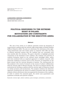 Political Responses to the Extreme Right in Poland. Motivations and Constraints for Collaboration in the Executive Arena