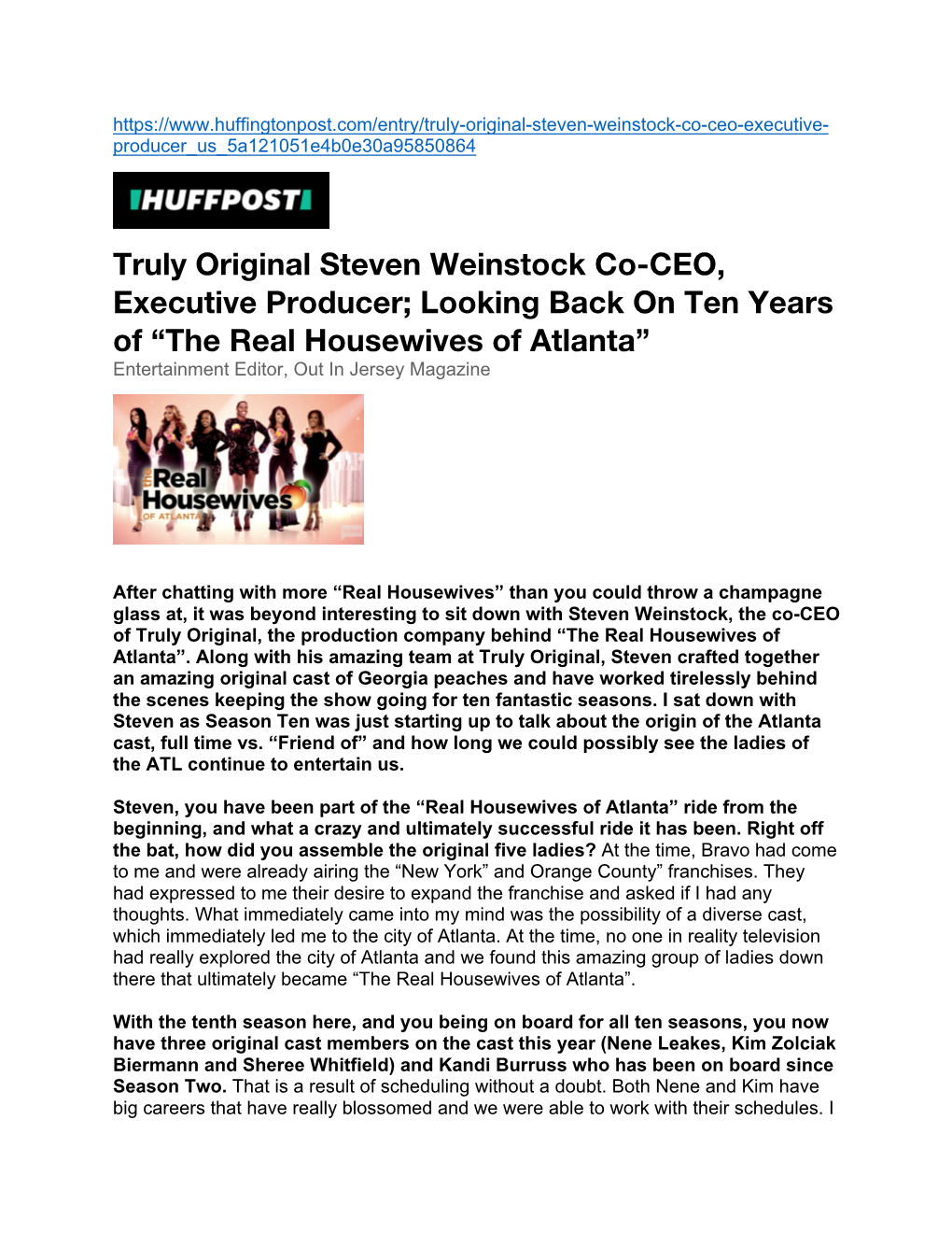 Truly Original Steven Weinstock Co-CEO, Executive Producer; Looking Back on Ten Years of “The Real Housewives of Atlanta”