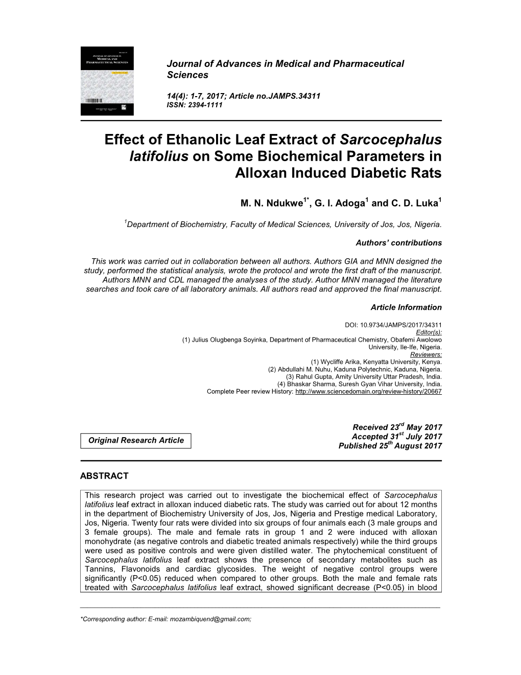 Effect of Ethanolic Leaf Extract of Sarcocephalus Latifolius on Some Biochemical Parameters in Alloxan Induced Diabetic Rats