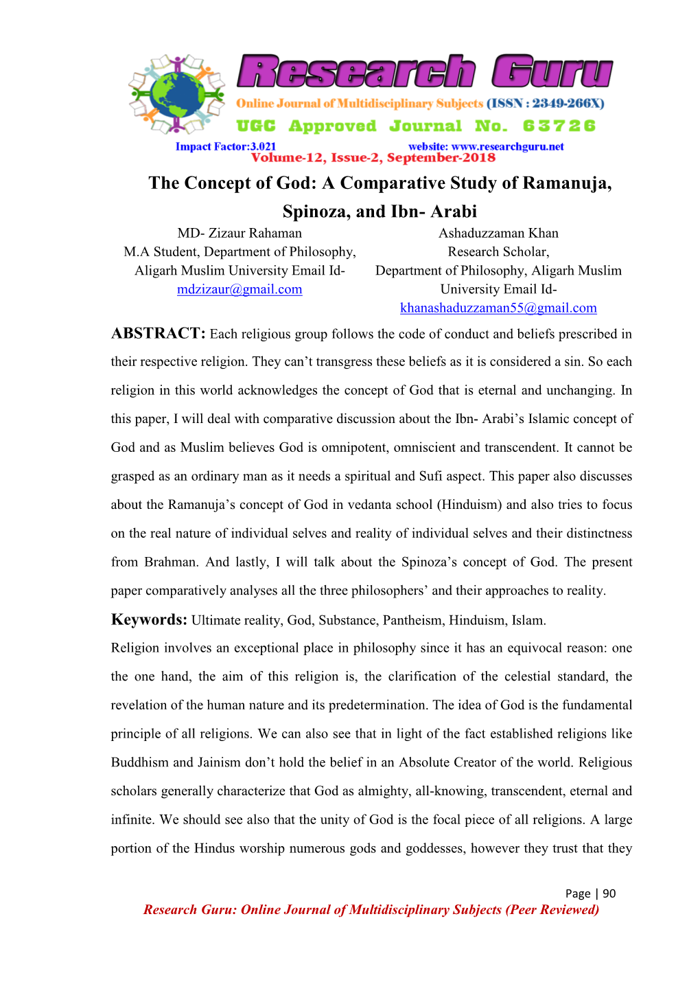 The Concept of God: a Comparative Study of Ramanuja, Spinoza, and Ibn- Arabi