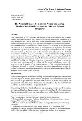 The National Finance Commission Award and Centre- Province Relationship: a Study of Pakistani Federal Structure●